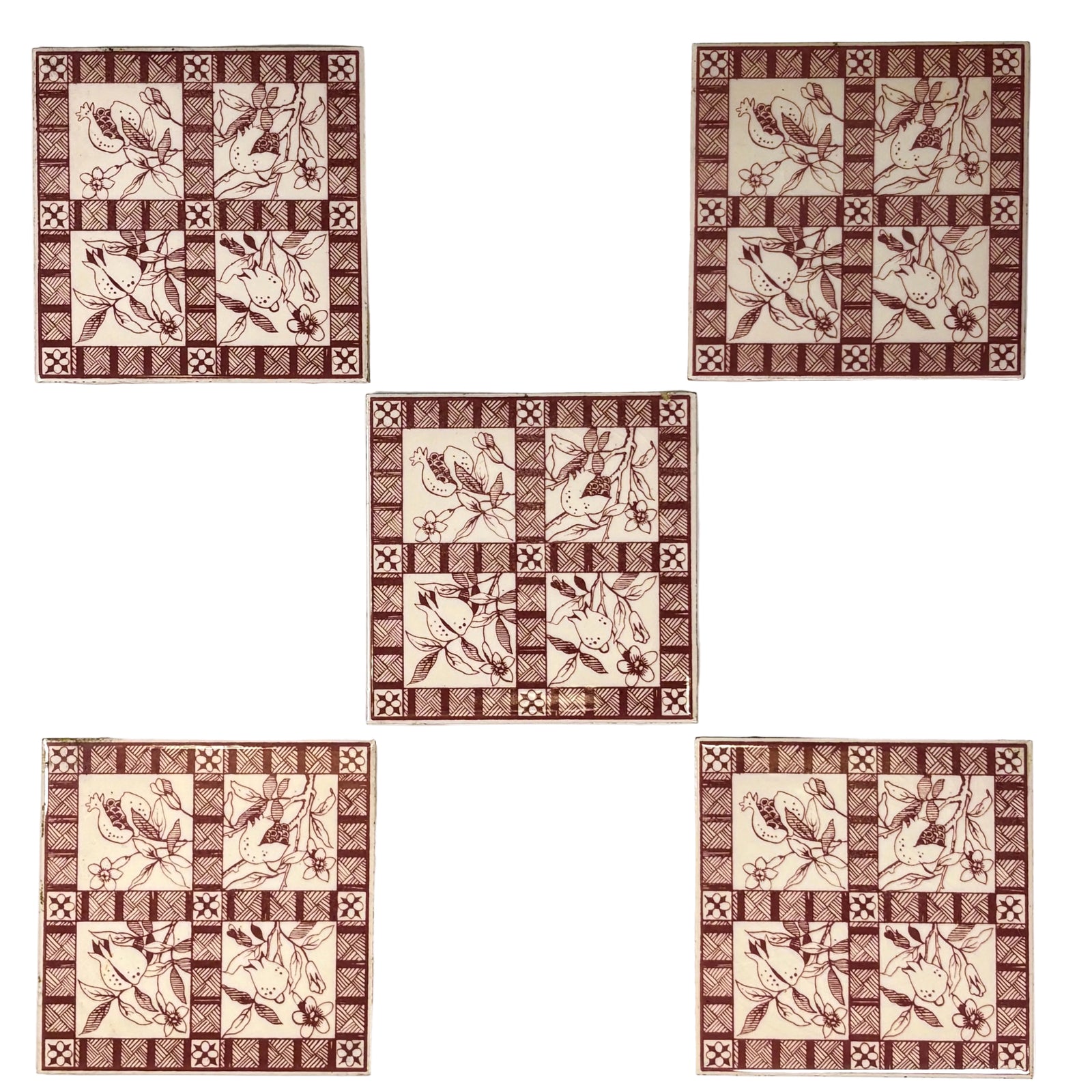 Vintage Botanical Pattern Ceramic Tiles Set of 5 | The Architectural Forum