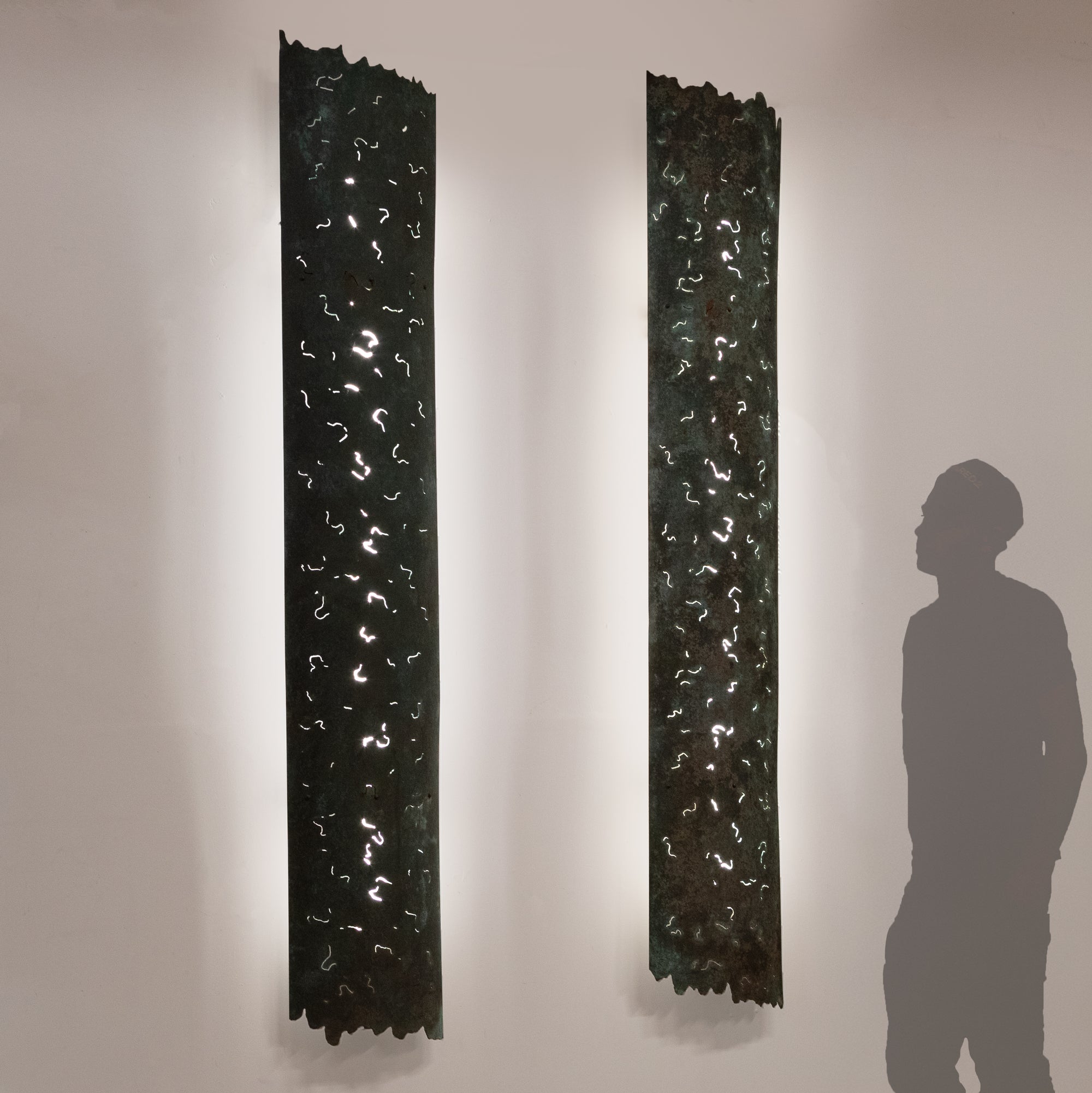 Large Reclaimed Sculptural Copper Pillar Lights with Cut-Outs | 4 Available | The Architectural Forum