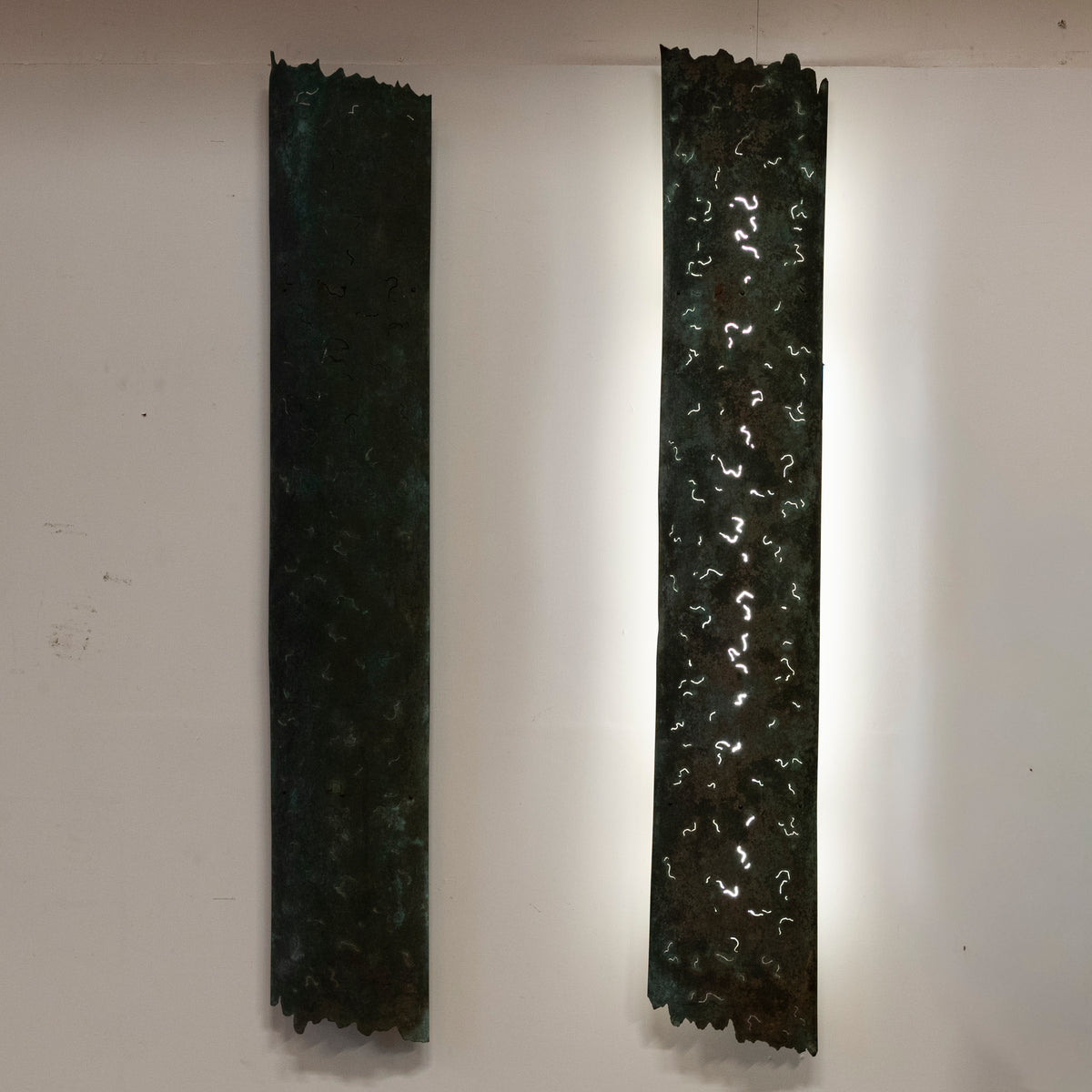 Large Reclaimed Sculptural Copper Pillar Lights with Cut-Outs | 4 Available | The Architectural Forum