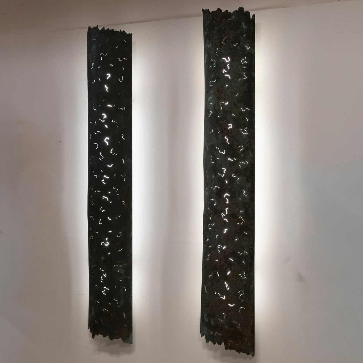 Large Reclaimed Sculptural Copper Pillar Lights with Cut-Outs | 4 Available | The Architectural Forum