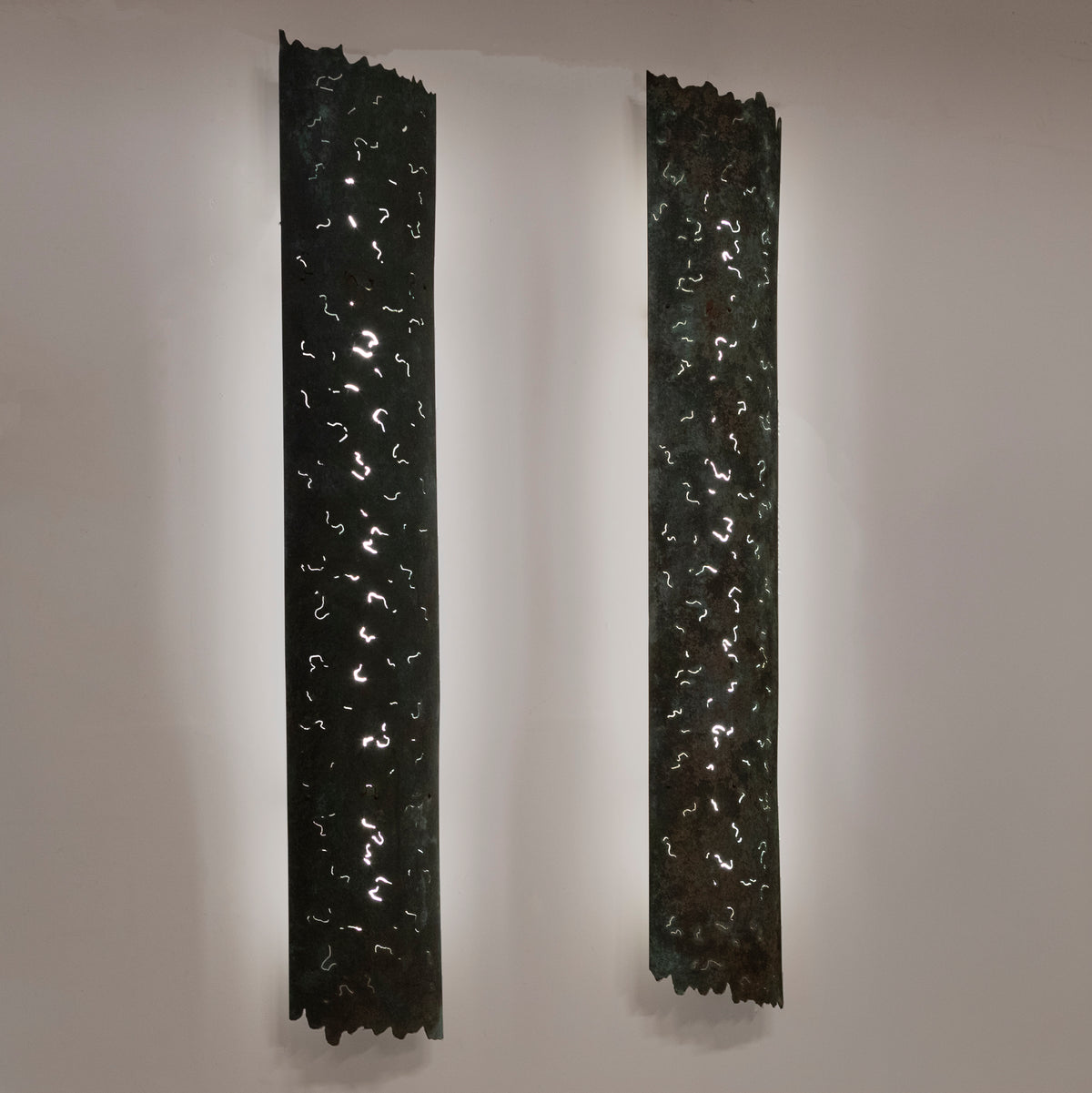 Large Reclaimed Sculptural Copper Pillar Lights with Cut-Outs | 4 Available | The Architectural Forum