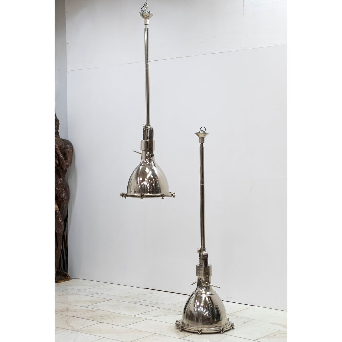 Large Mid-Century Chrome Industrial Pendant Lights | Pair Available | The Architectural Forum