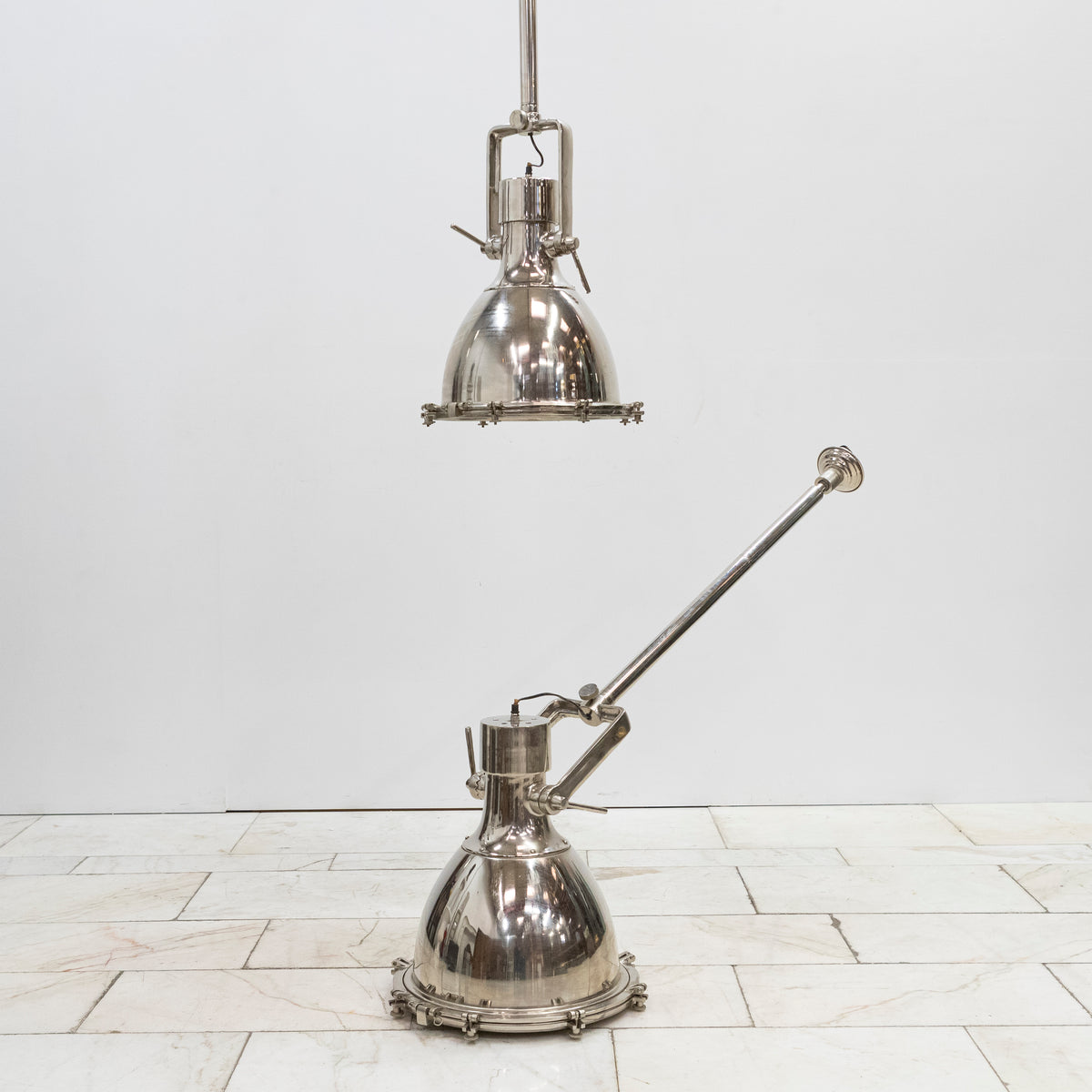 Large Mid-Century Chrome Industrial Pendant Lights | Pair Available | The Architectural Forum