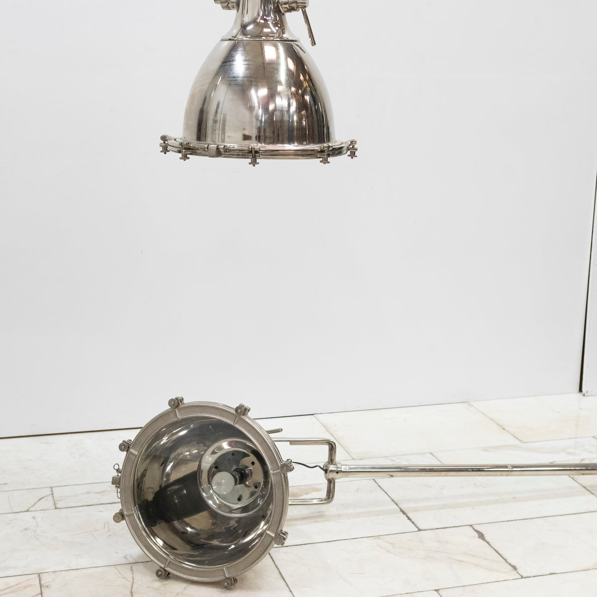 Large Mid-Century Chrome Industrial Pendant Lights | Pair Available | The Architectural Forum