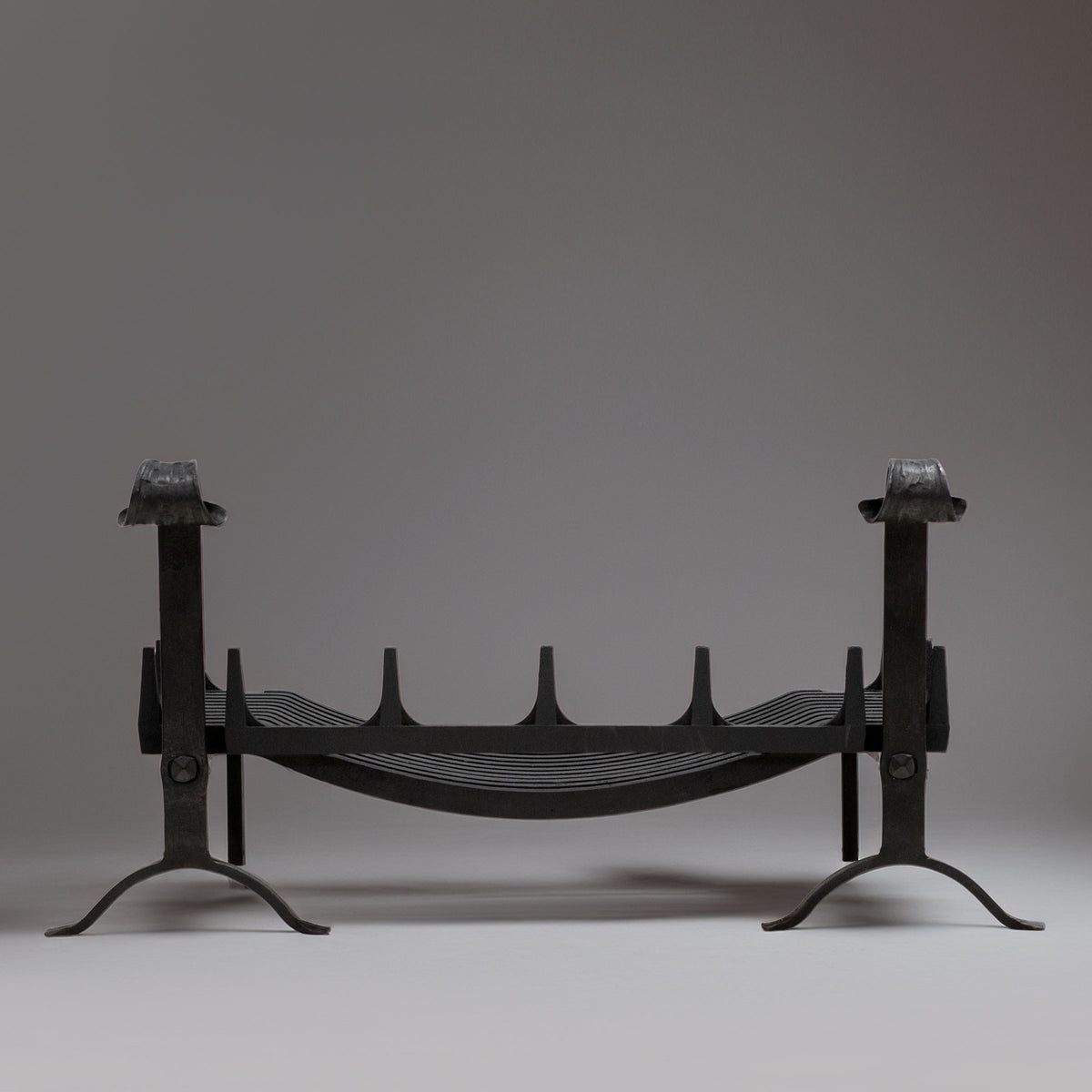 Antique Iron Swans Nest Fire Dogs & Basket Set