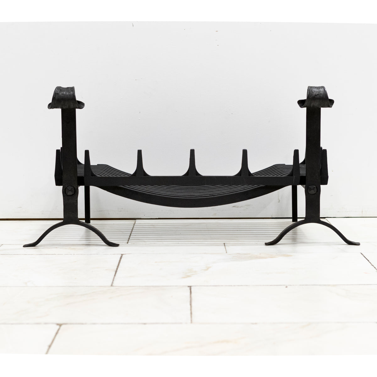 Antique Iron Swans Nest Fire Dogs & Basket Set