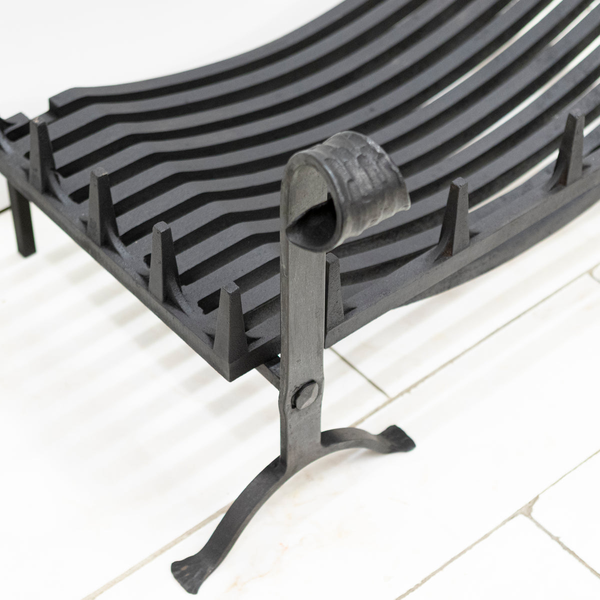 Antique Iron Swans Nest Fire Dogs & Basket Set