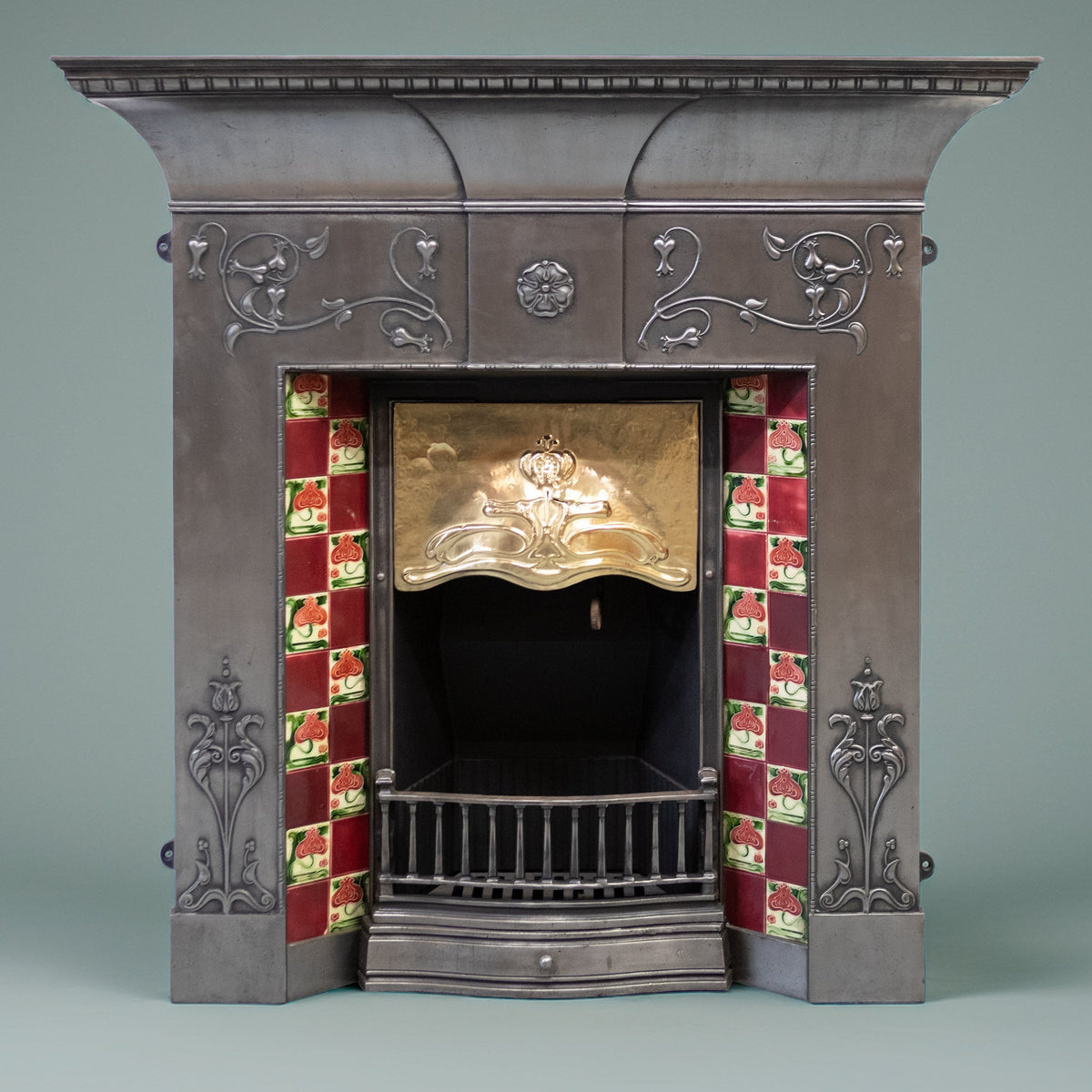 Antique Polished Cast Iron Art Nouveau Combination Fireplace With Tiles and Brass Hood | The Architectural Forum