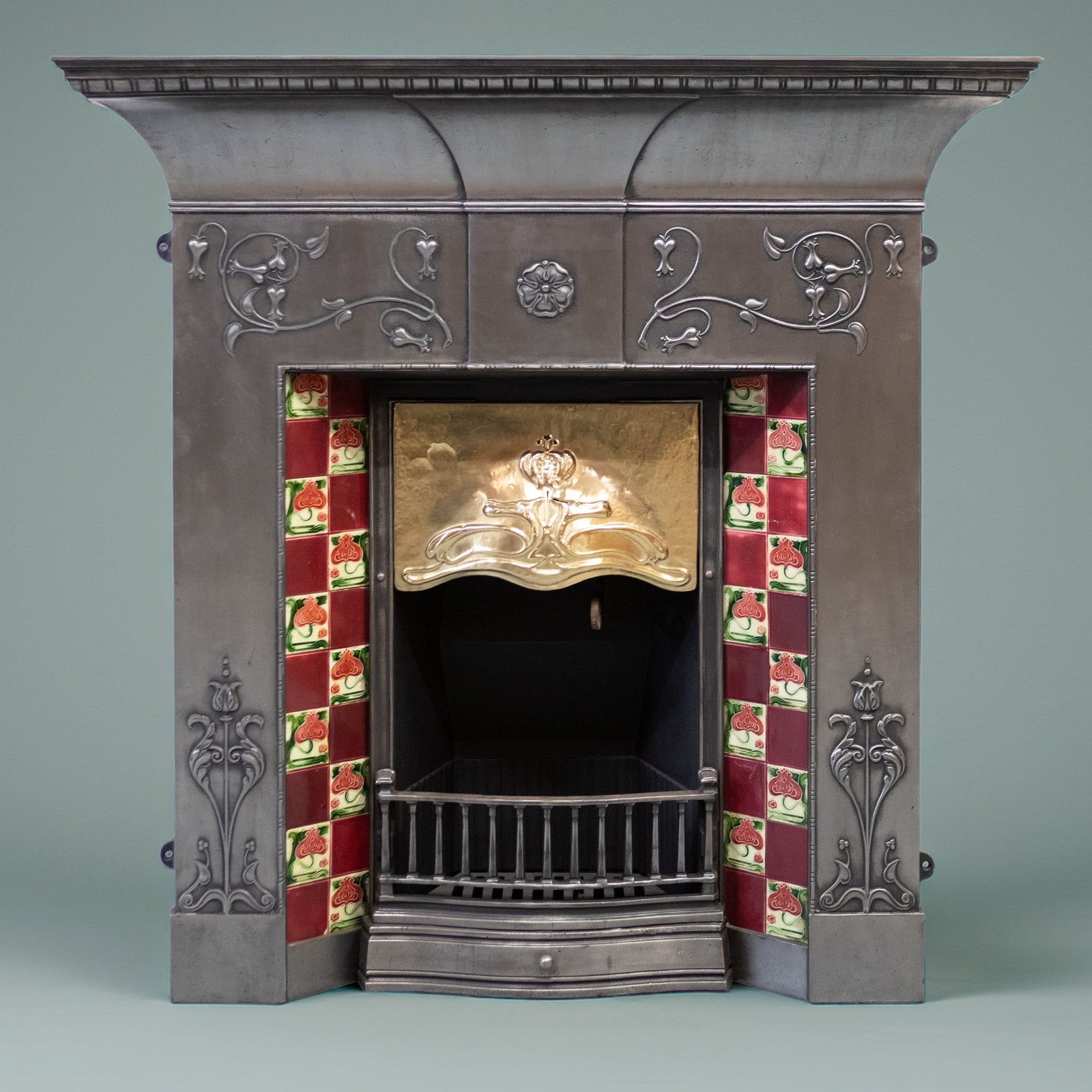 Antique Polished Cast Iron Art Nouveau Combination Fireplace With Tiles and Brass Hood | The Architectural Forum