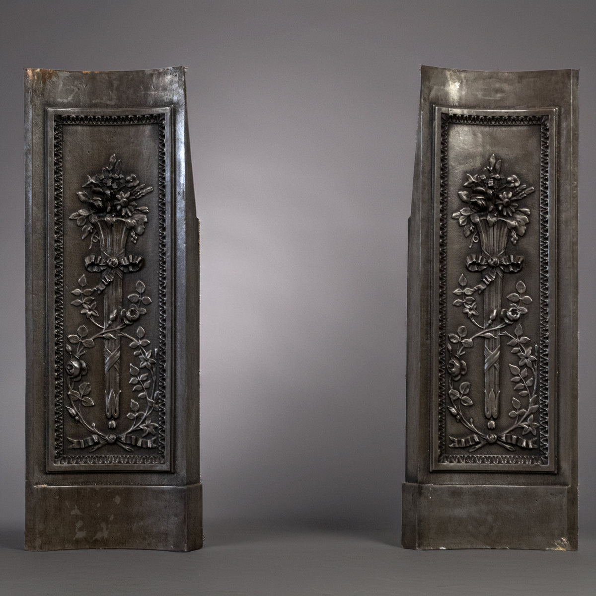 Antique Pair of Ornate Cast Iron Firelace Slips | Side Panel Cheeks | The Architectural Forum