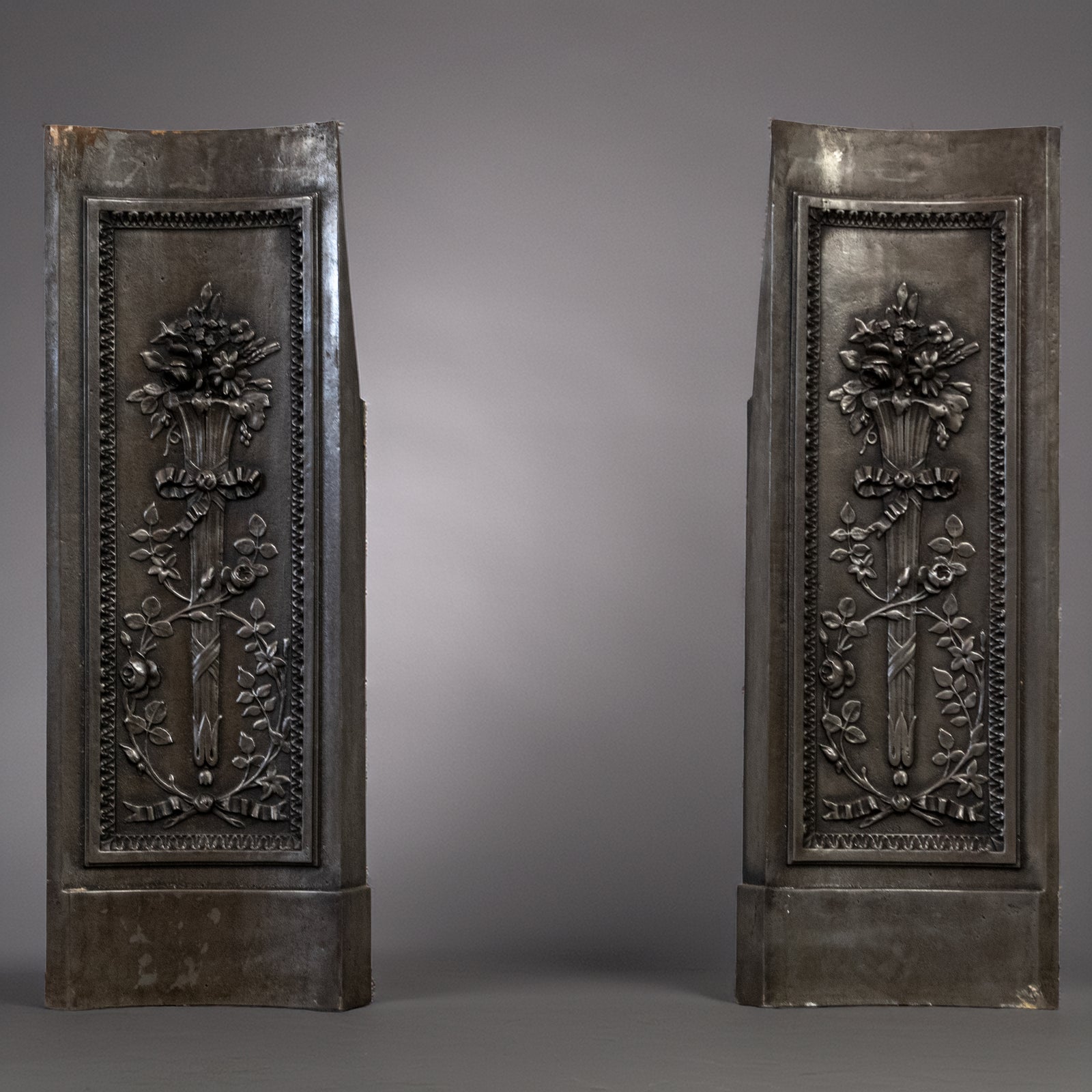Antique Pair of Ornate Cast Iron Firelace Slips | Side Panel Cheeks | The Architectural Forum