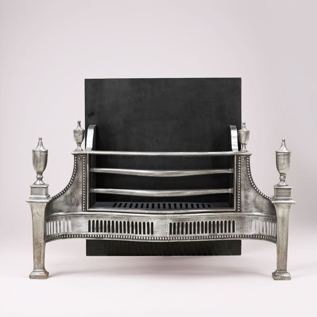 Large Antique Georgian polished Steel Fire Basket with Finials