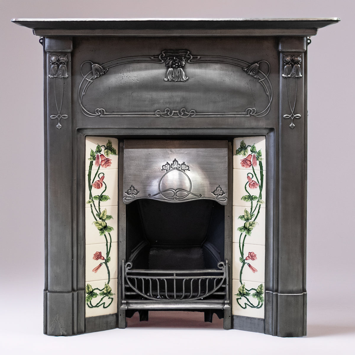 Antique Polished Art Nouveau Combination Fireplace With Tiles
