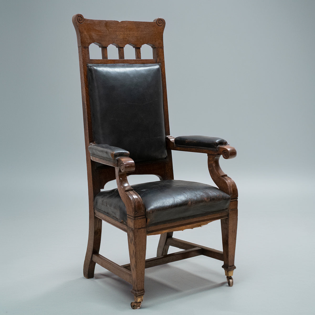 Antique Late Victorian Oak & Leather Library Chair
