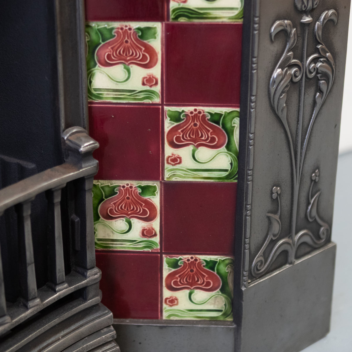 Antique Polished Cast Iron Art Nouveau Combination Fireplace With Tiles and Brass Hood | The Architectural Forum