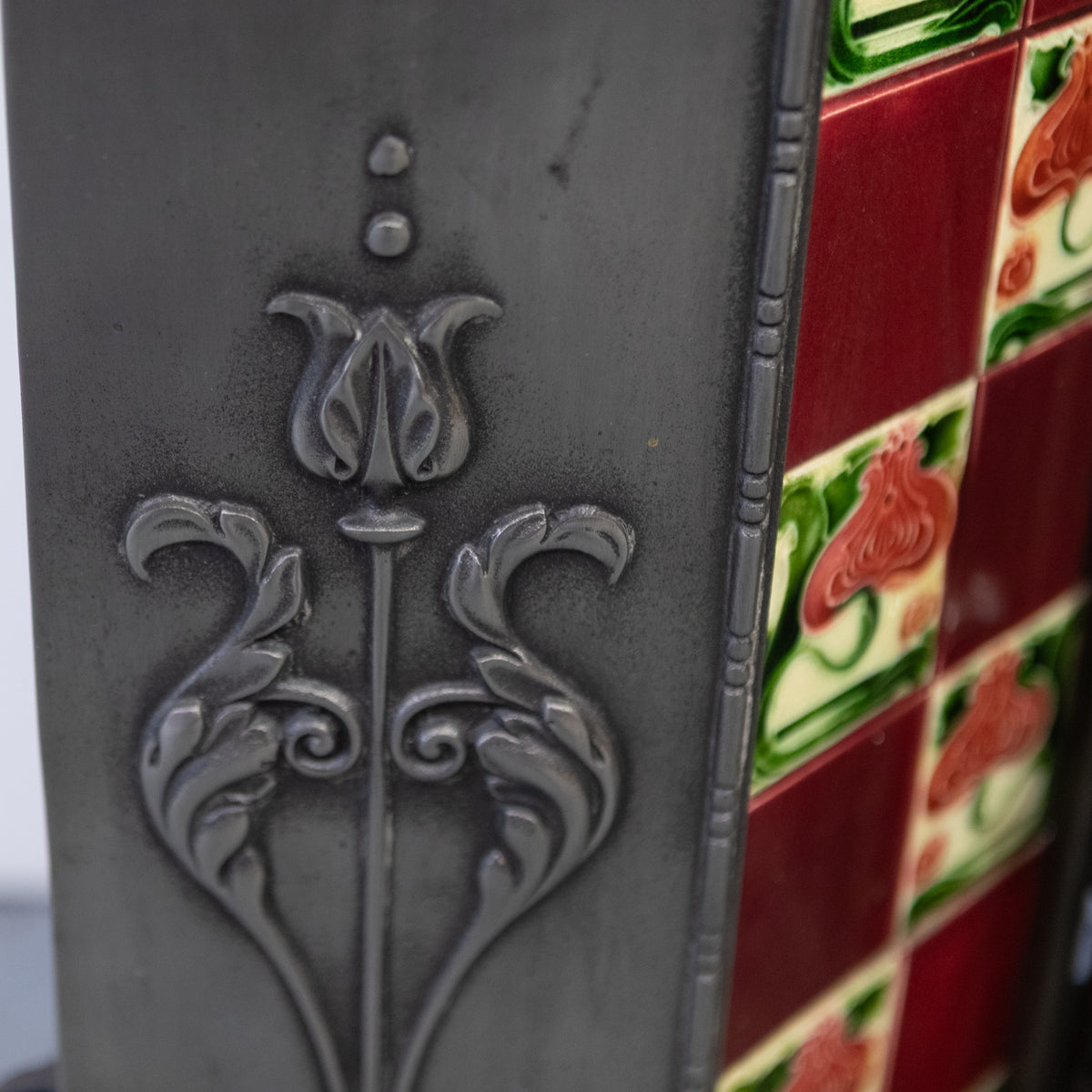 Antique Polished Cast Iron Art Nouveau Combination Fireplace With Tiles and Brass Hood | The Architectural Forum