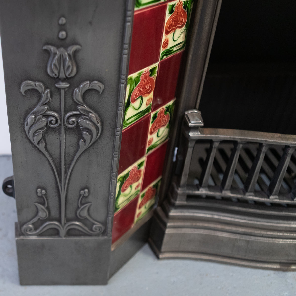 Antique Polished Cast Iron Art Nouveau Combination Fireplace With Tiles and Brass Hood | The Architectural Forum
