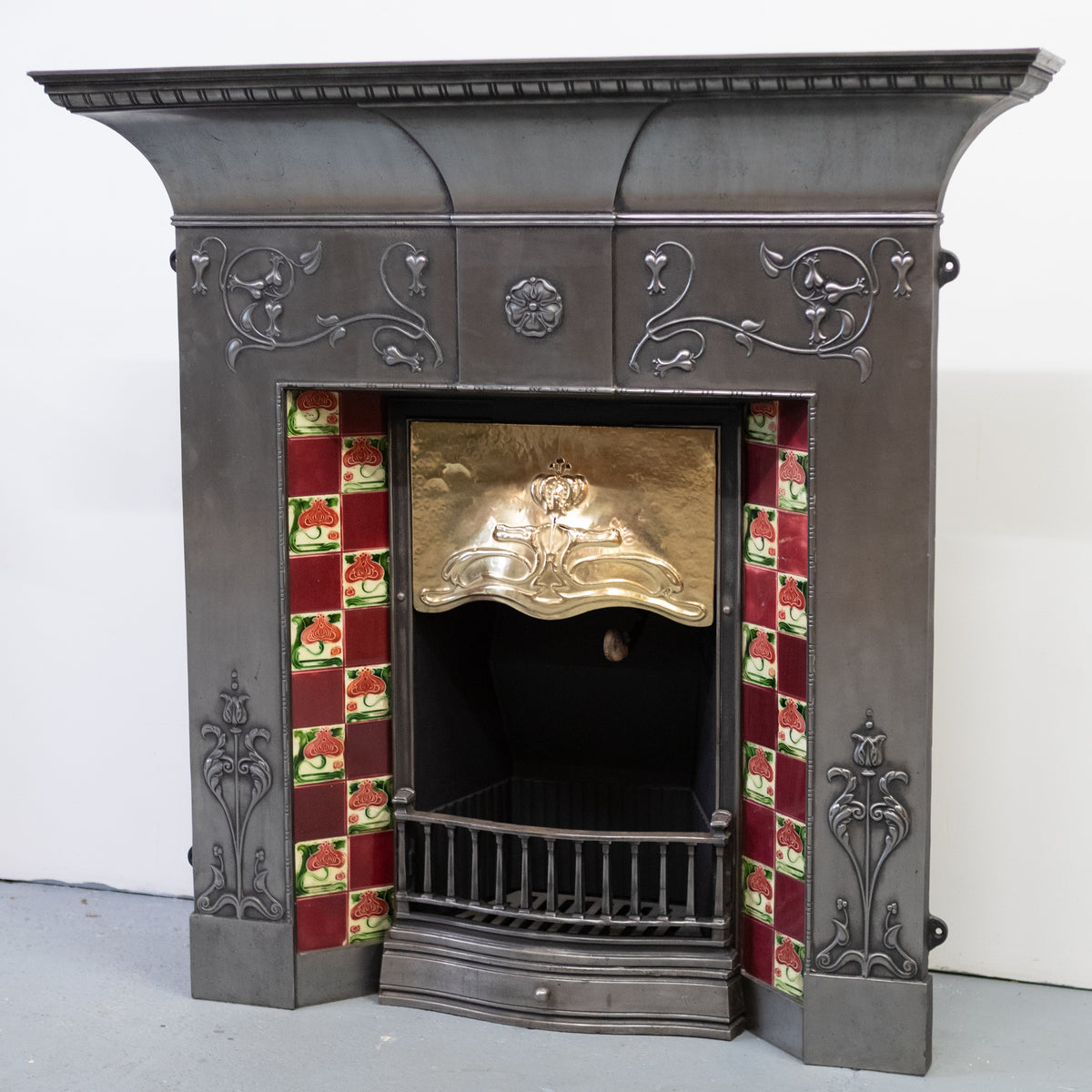 Antique Polished Cast Iron Art Nouveau Combination Fireplace With Tiles and Brass Hood | The Architectural Forum