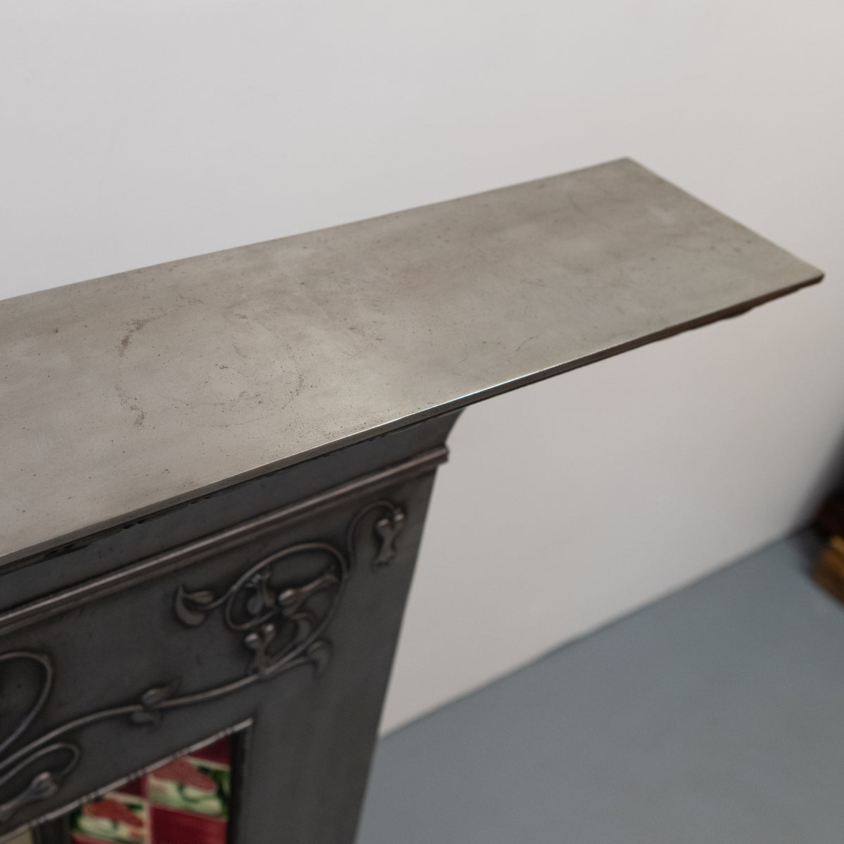 Antique Polished Cast Iron Art Nouveau Combination Fireplace With Tiles and Brass Hood | The Architectural Forum