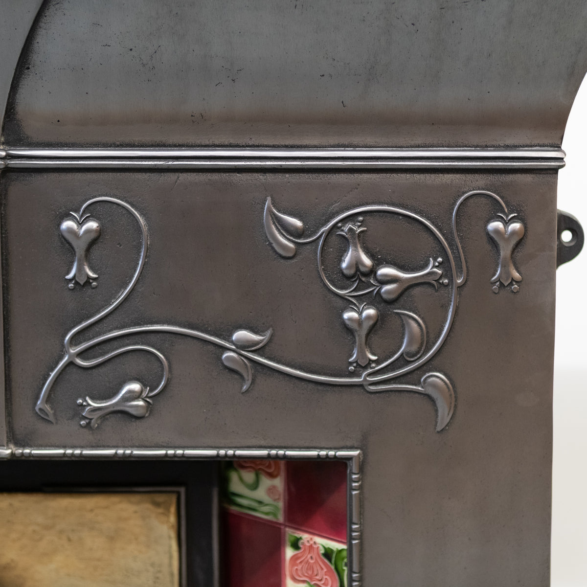 Antique Polished Cast Iron Art Nouveau Combination Fireplace With Tiles and Brass Hood | The Architectural Forum