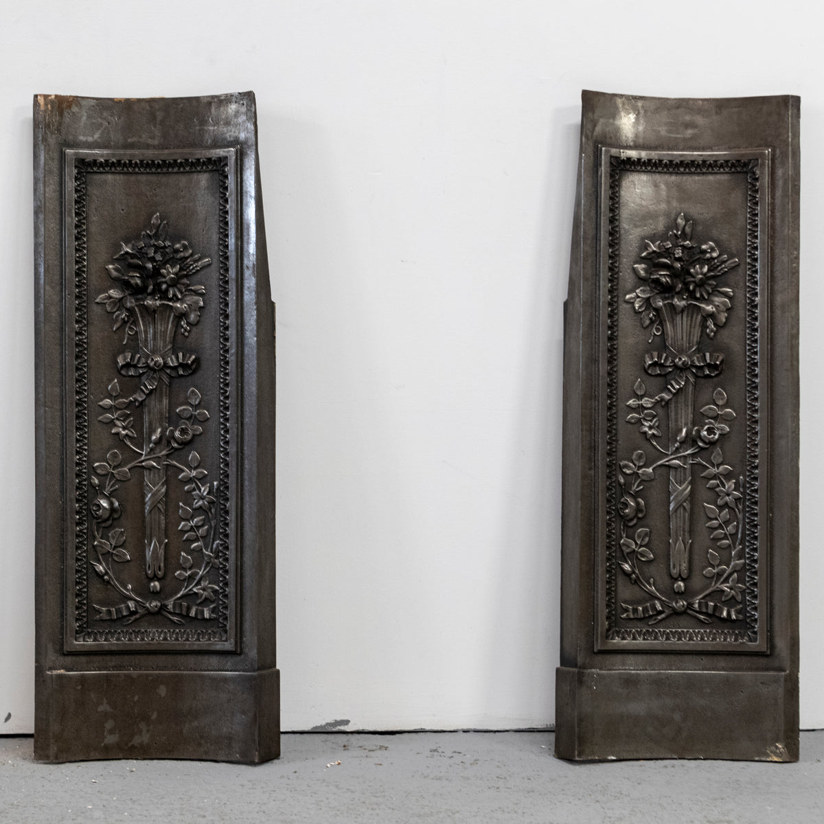 Antique Pair of Ornate Cast Iron Firelace Slips | Side Panel Cheeks | The Architectural Forum