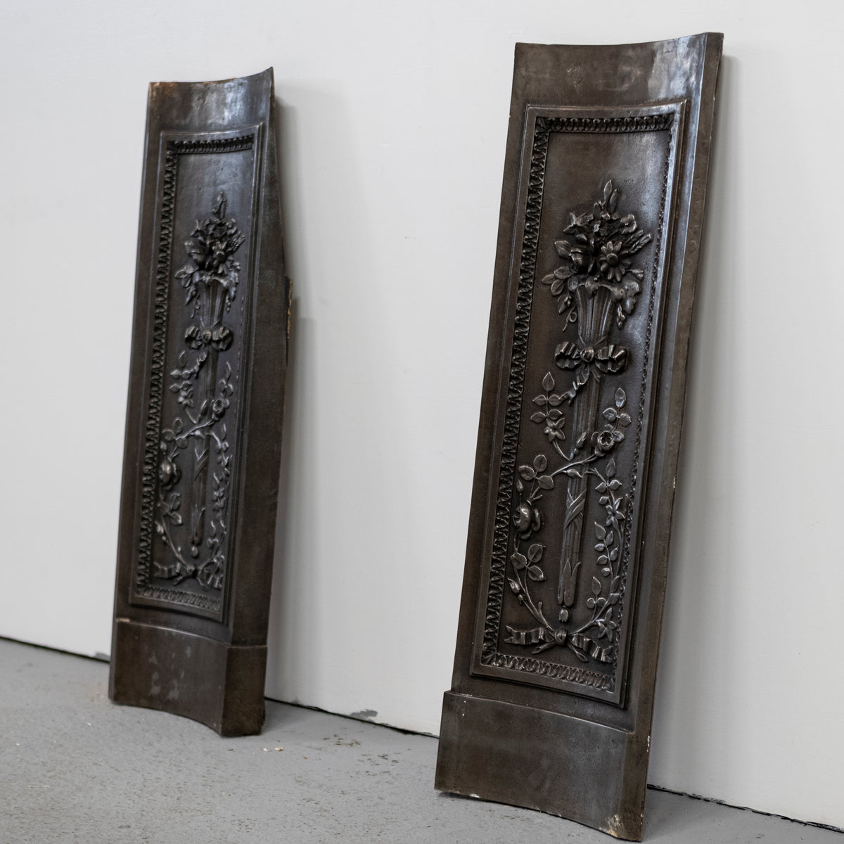 Antique Pair of Ornate Cast Iron Firelace Slips | Side Panel Cheeks | The Architectural Forum