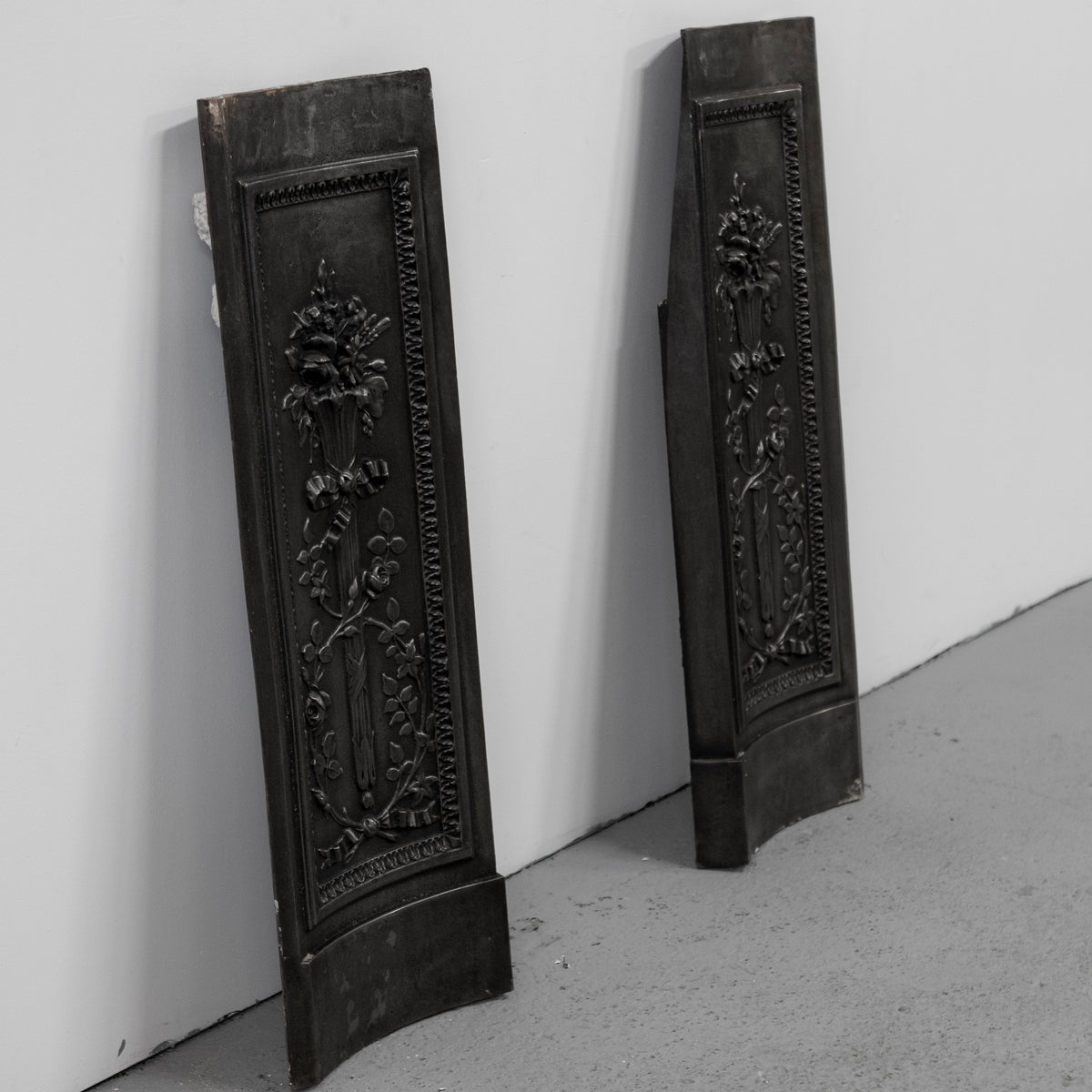 Antique Pair of Ornate Cast Iron Firelace Slips | Side Panel Cheeks | The Architectural Forum
