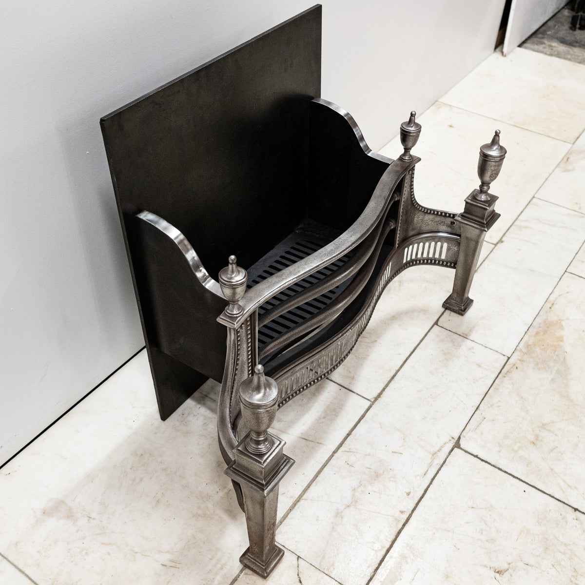 Large Antique Georgian polished Steel Fire Basket with Finials