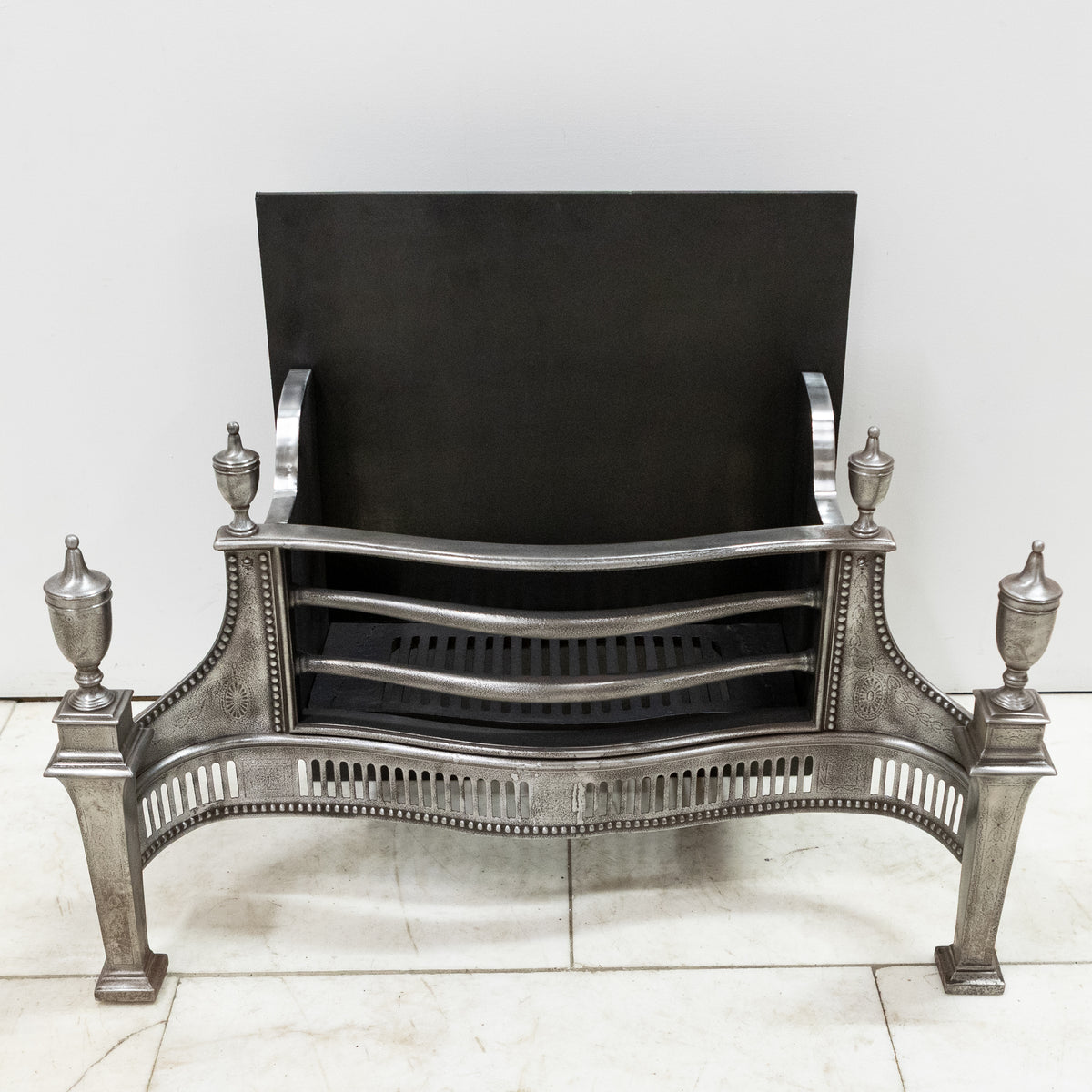 Large Antique Georgian polished Steel Fire Basket with Finials