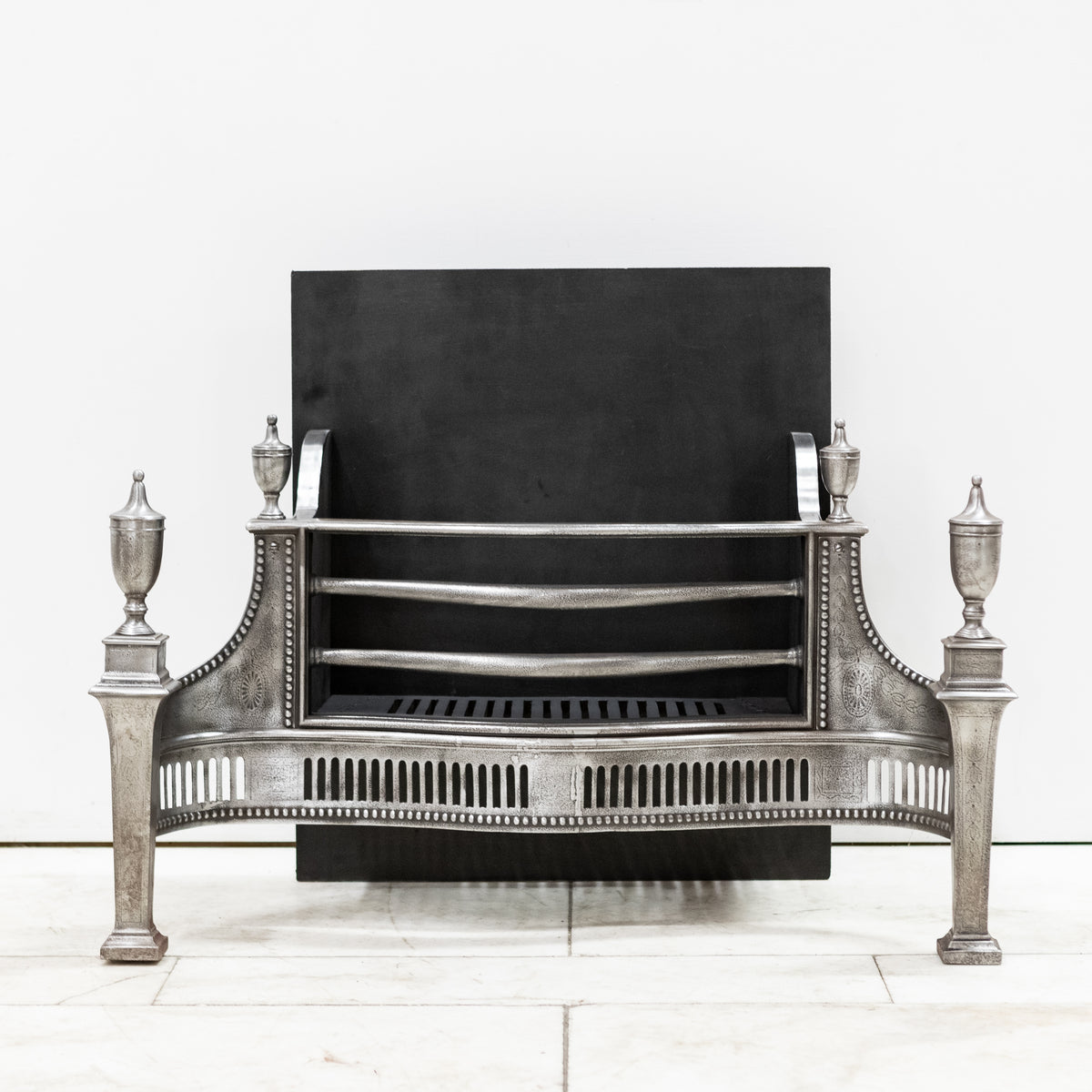 Large Antique Georgian polished Steel Fire Basket with Finials