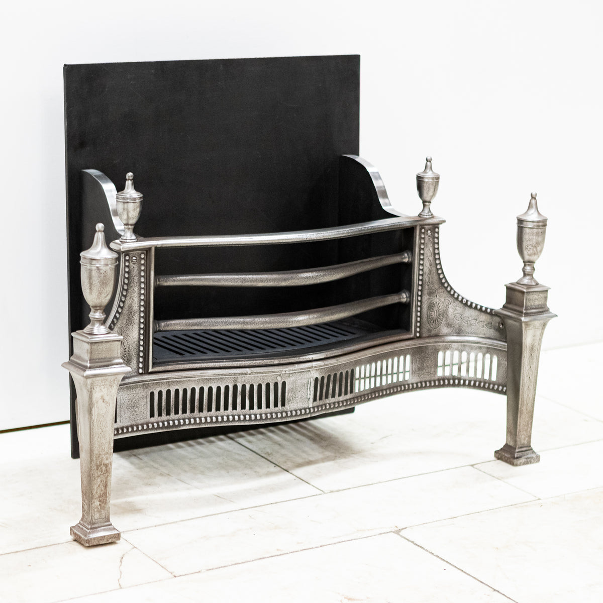Large Antique Georgian polished Steel Fire Basket with Finials