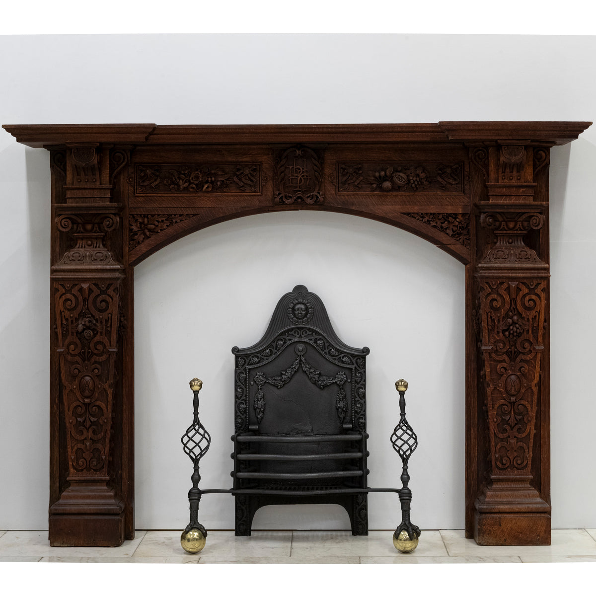 Monumental Antique Arts & Crafts Carved Oak Fireplace Surround