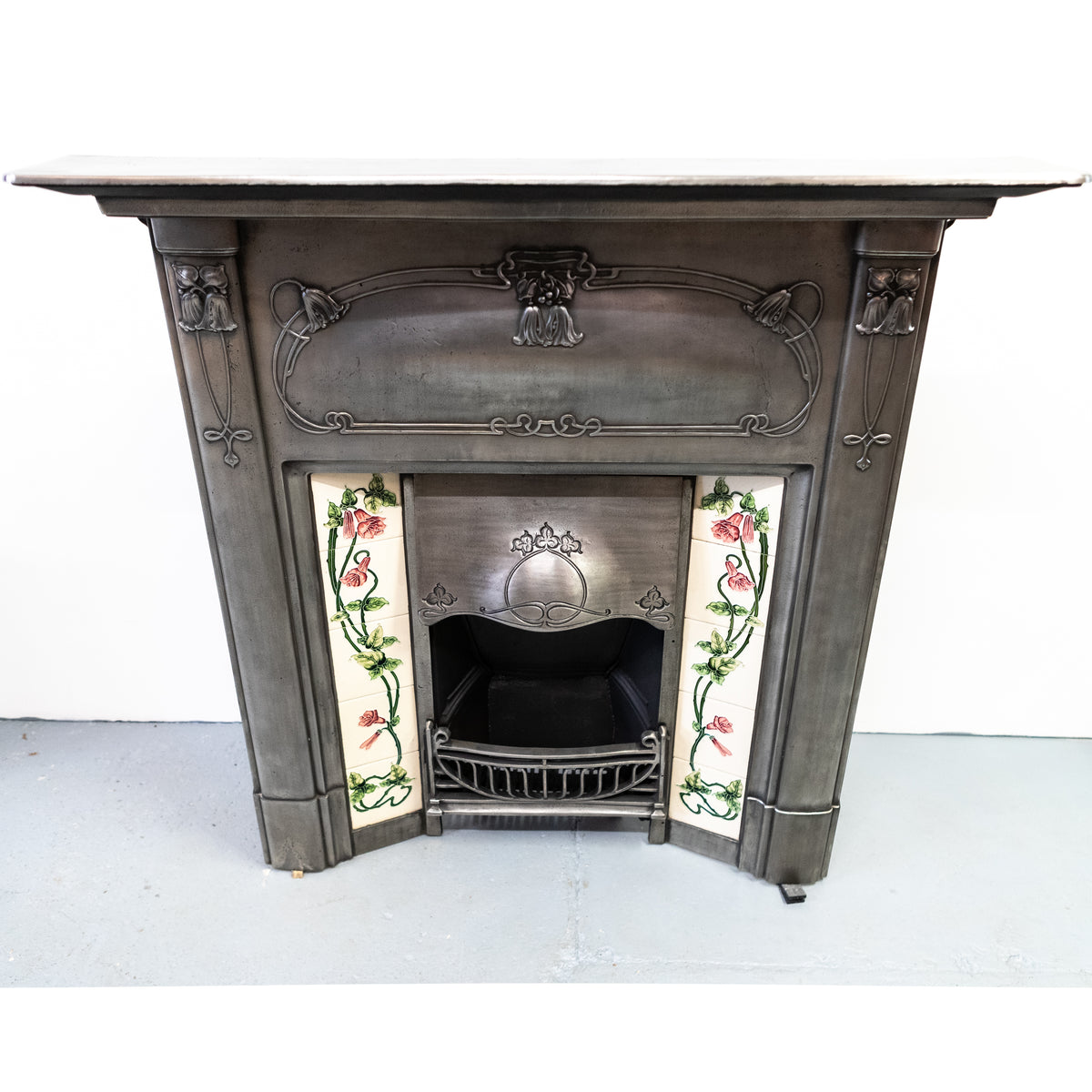 Antique Polished Art Nouveau Combination Fireplace With Tiles