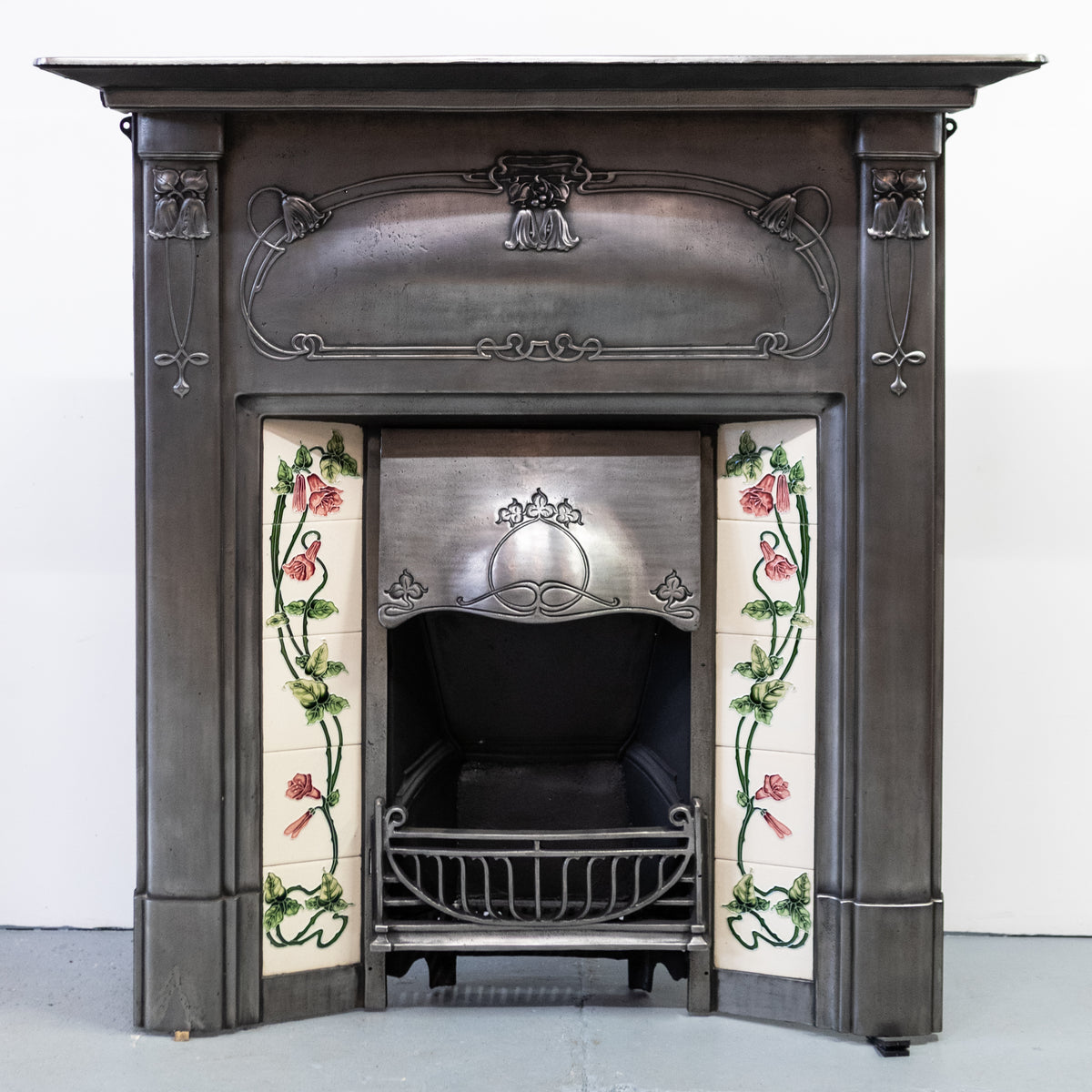 Antique Polished Art Nouveau Combination Fireplace With Tiles