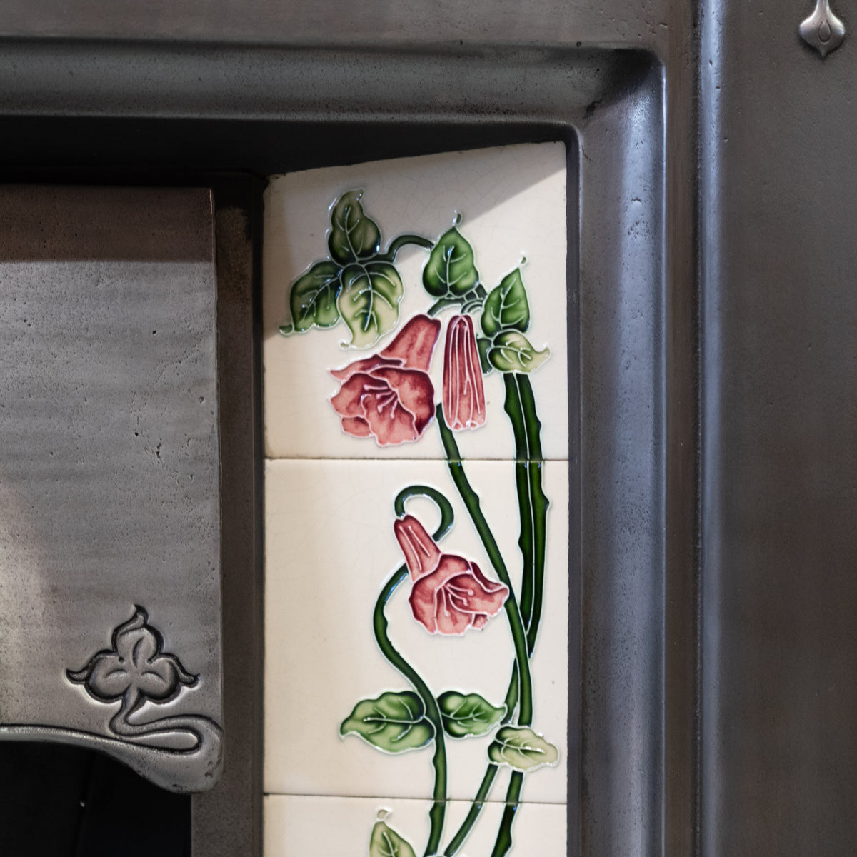 Antique Polished Art Nouveau Combination Fireplace With Tiles