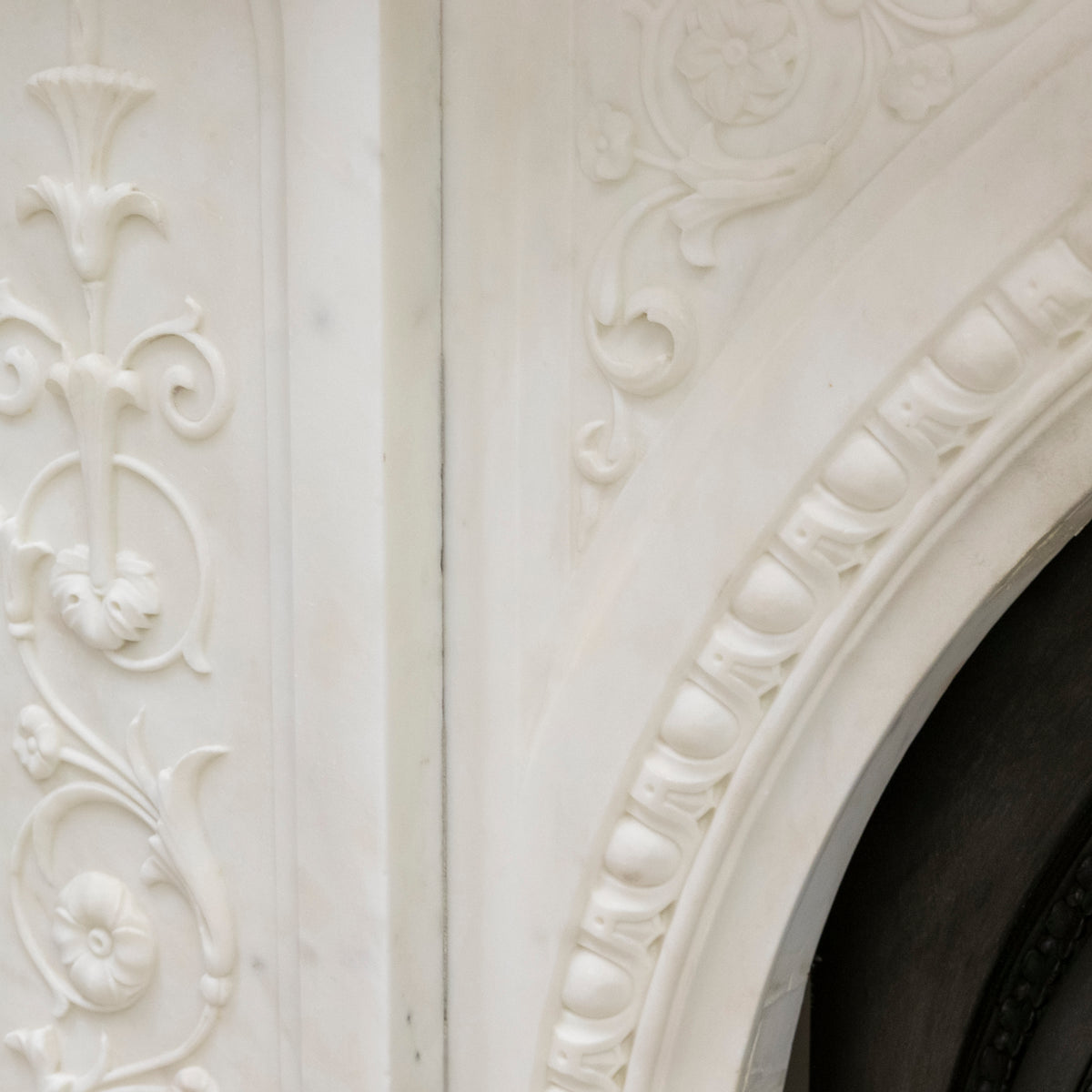 Antique Victorian Carved Statuary Marble Arched Chimneypiece