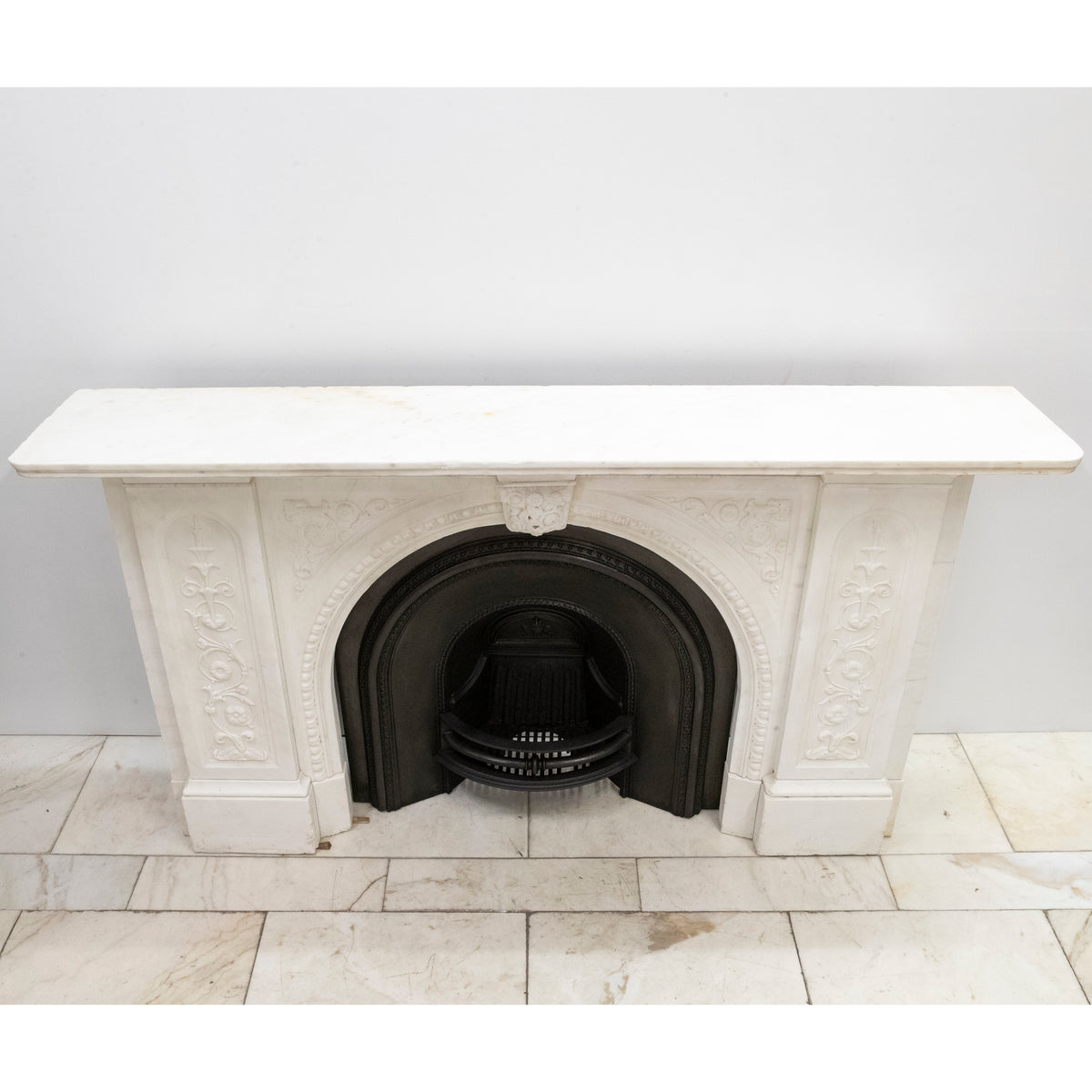 Antique Victorian Carved Statuary Marble Arched Chimneypiece