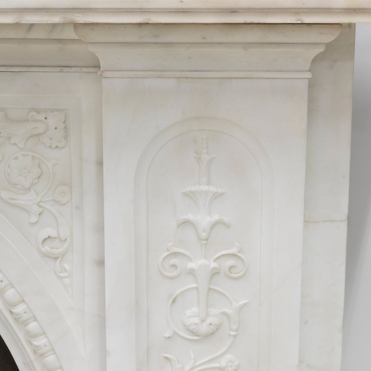 Antique Victorian Carved Statuary Marble Arched Chimneypiece