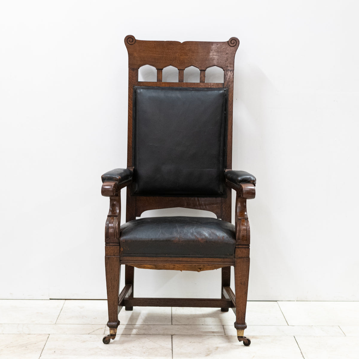 Antique Late Victorian Oak & Leather Library Chair