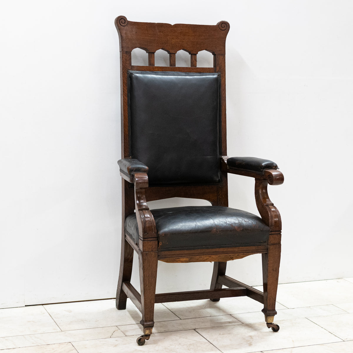 Antique Late Victorian Oak & Leather Library Chair