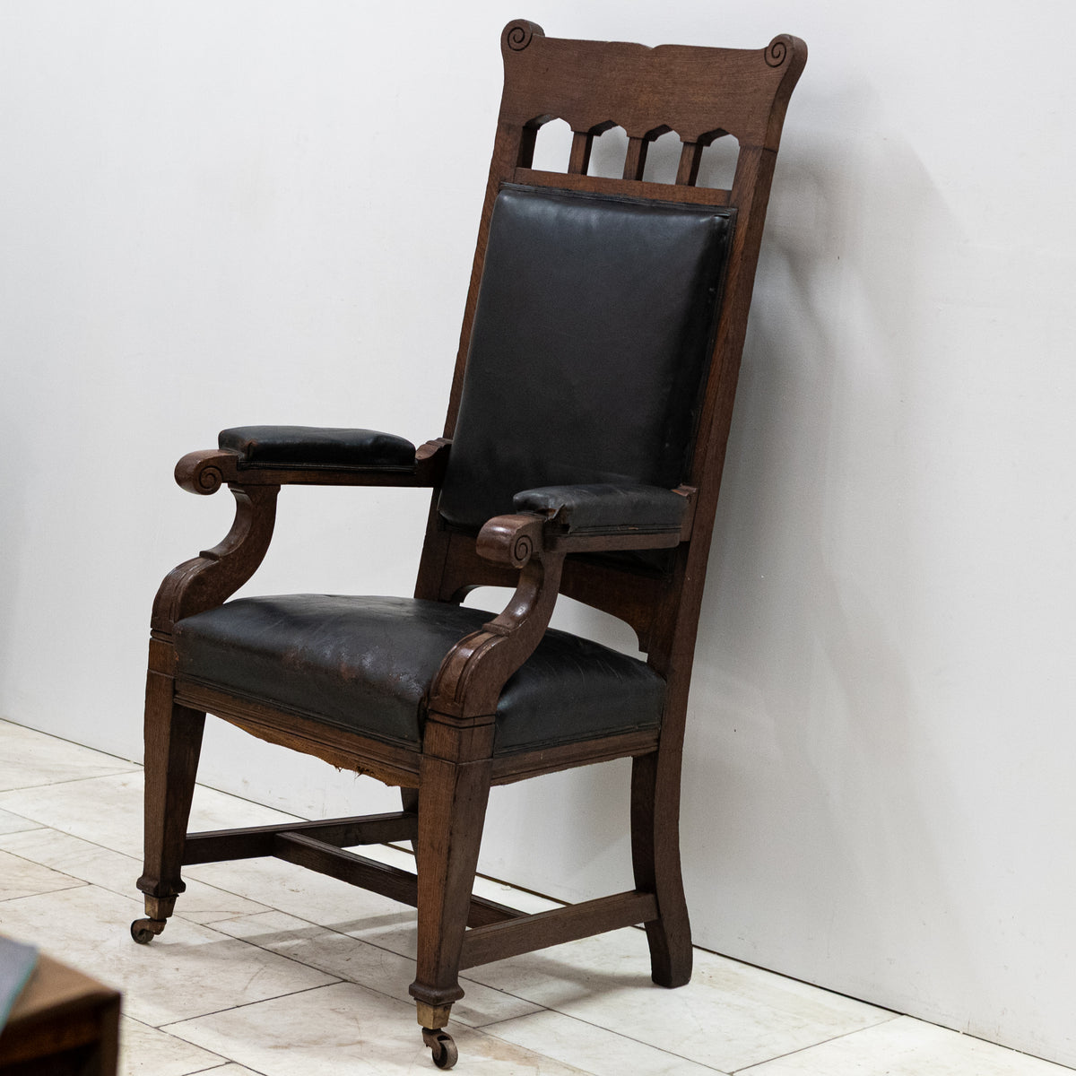 Antique Late Victorian Oak & Leather Library Chair
