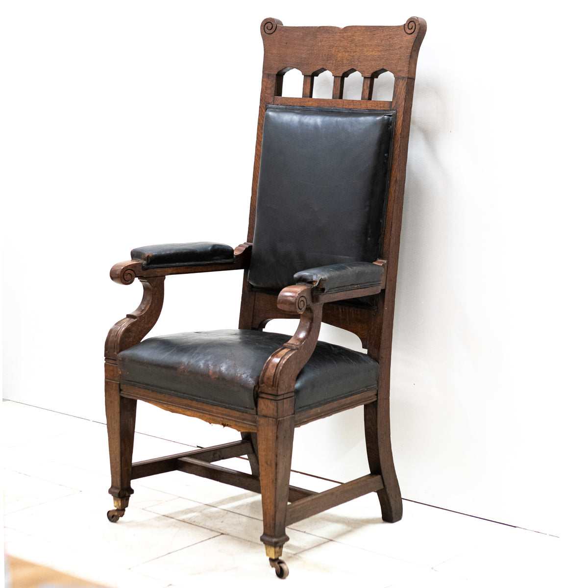 Antique Late Victorian Oak & Leather Library Chair
