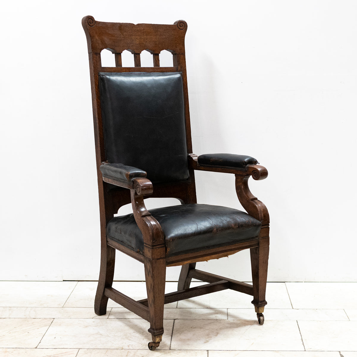 Antique Late Victorian Oak & Leather Library Chair
