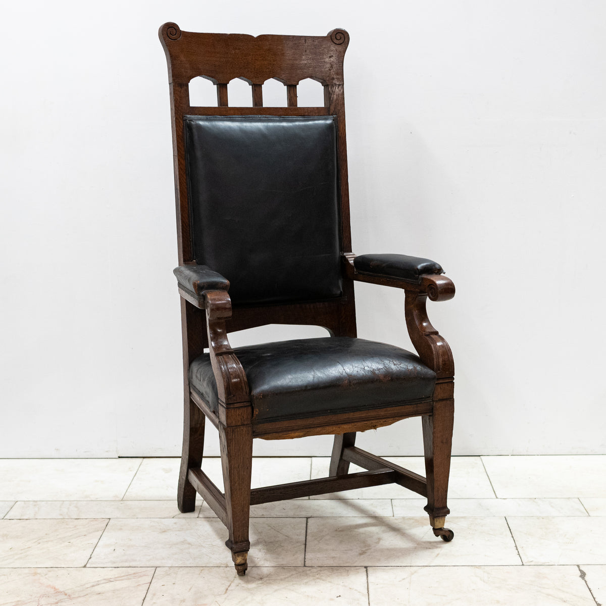 Antique Late Victorian Oak & Leather Library Chair