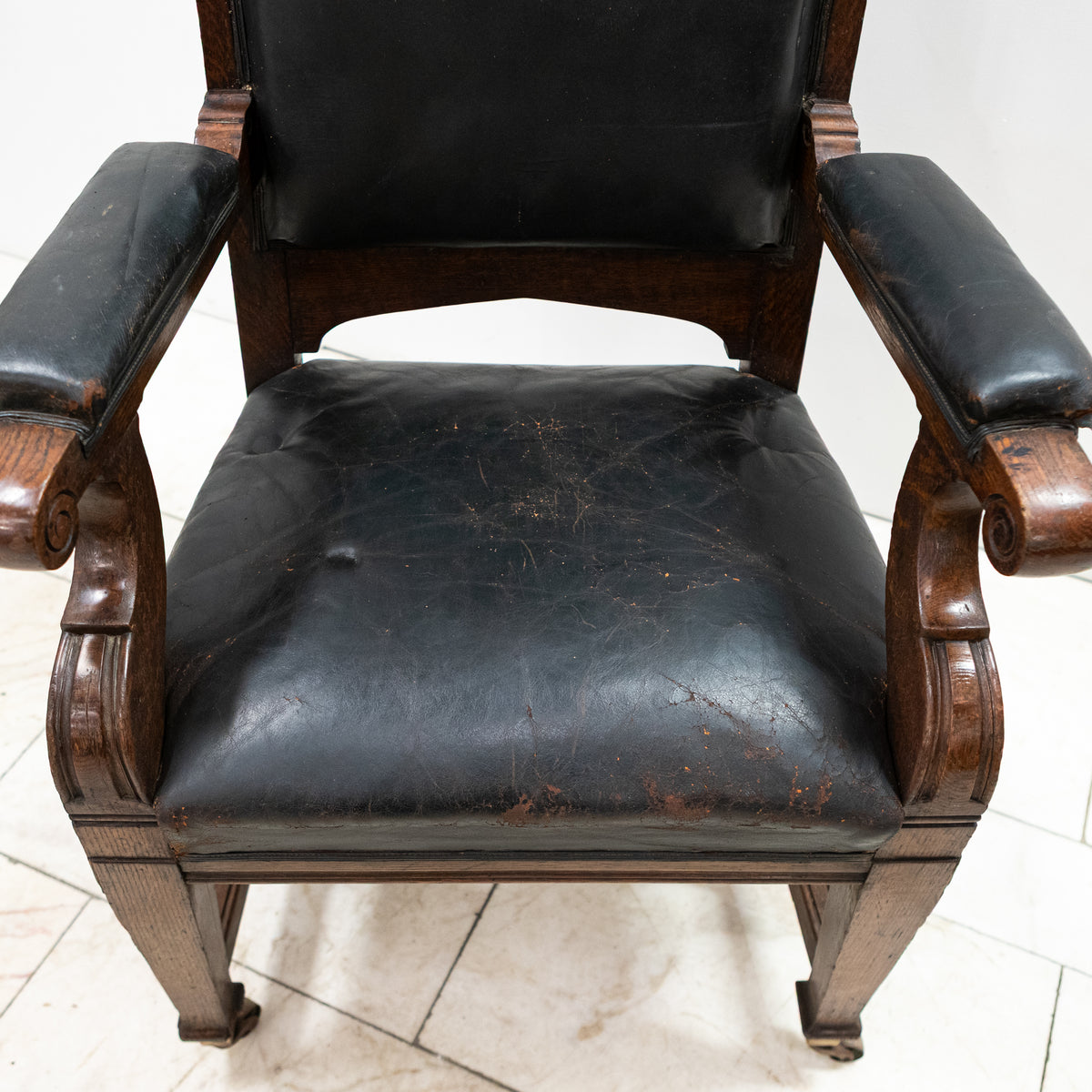 Antique Late Victorian Oak & Leather Library Chair