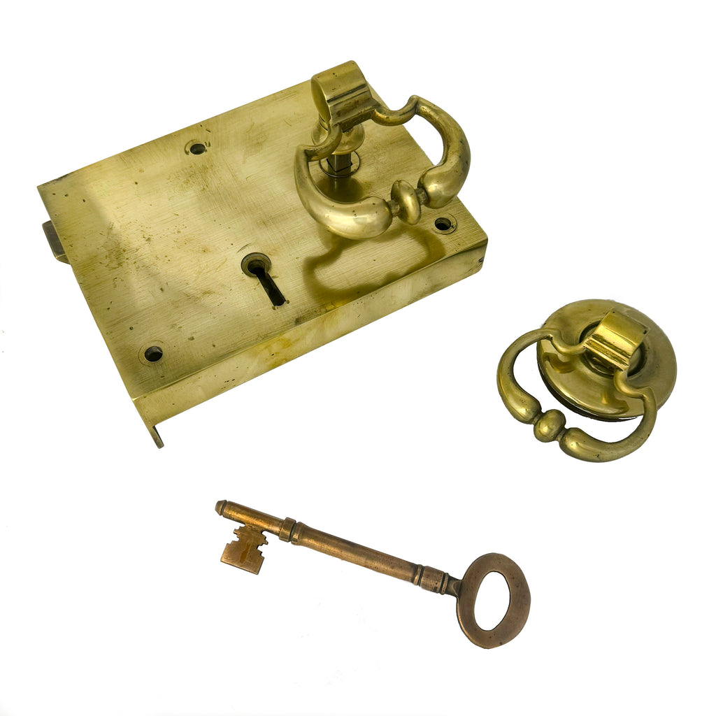 Antique Brass Rim Lock with Dutch Drop Handles and Key - The