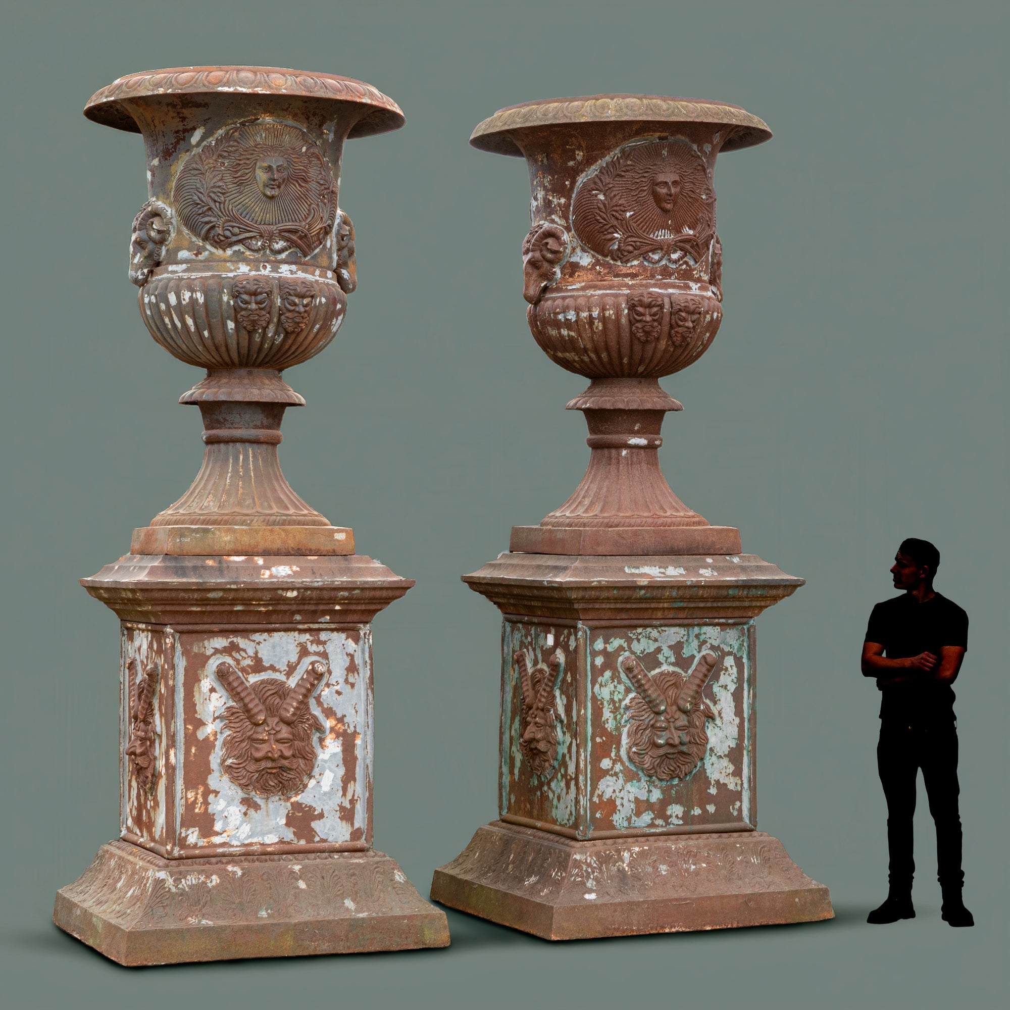 Pair of Monumental Cast Iron Urns on Plinths | The Architectural Forum