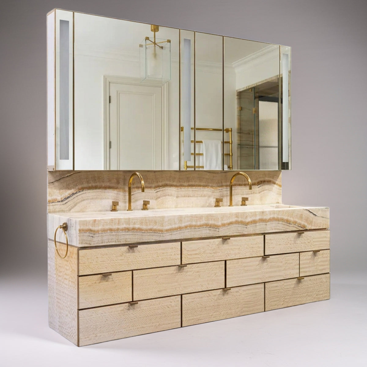 Impressive Onyx & Brass Bathroom Vanity Unit with Twin Basins