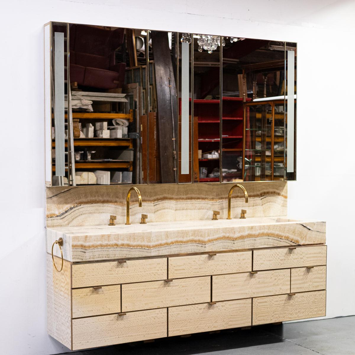 Impressive Onyx & Brass Bathroom Vanity Unit with Twin Basins