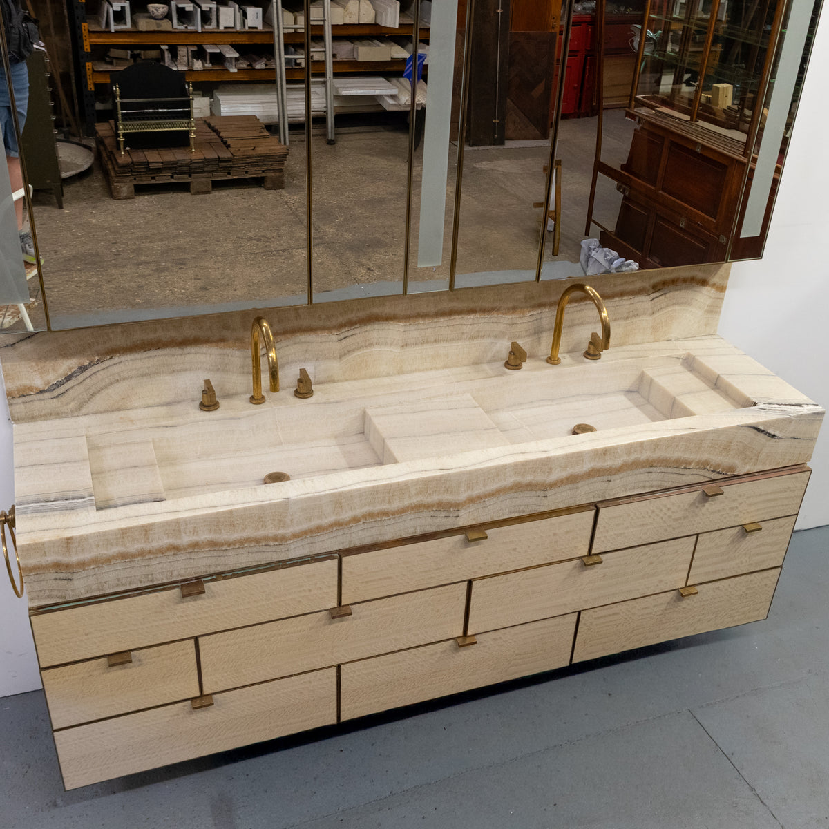 Impressive Onyx & Brass Bathroom Vanity Unit with Twin Basins